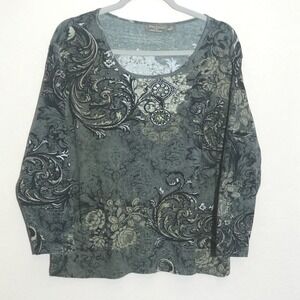 Jane Ashley 1X 100% Cotton Paisley Sweater Gray Black Boho Plus Size Soft Knit